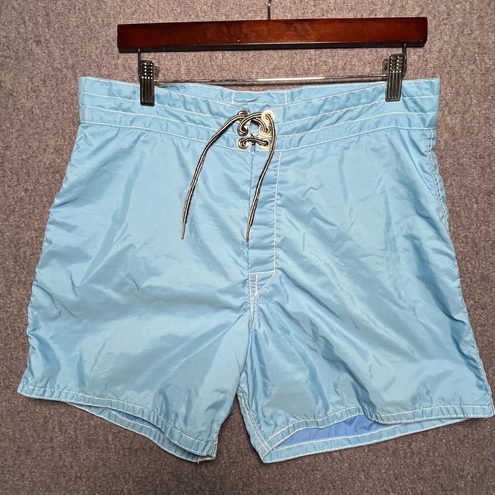 Vintage Birdwell Beach Britches Mens Light Blue Board Shorts Surf Trunks Size 32